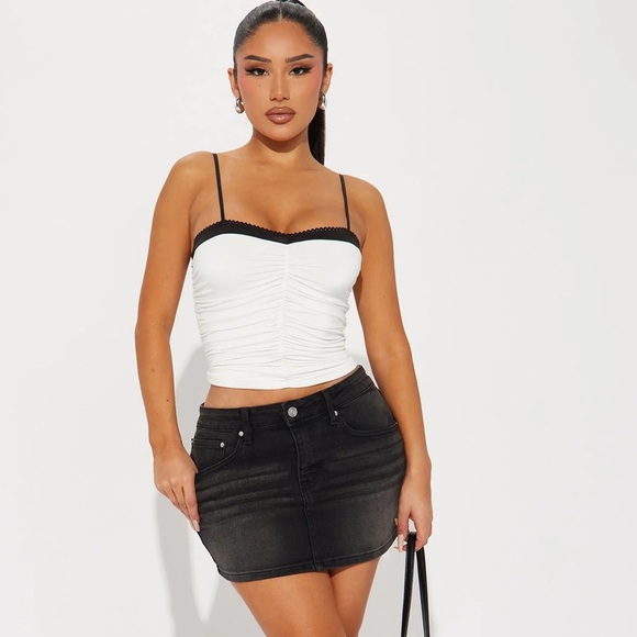 Spaghetti Strap Camisole w/ Lace Trim | FN Love Galore Ruched Tank Top White/Blk - Picture 6 of 9